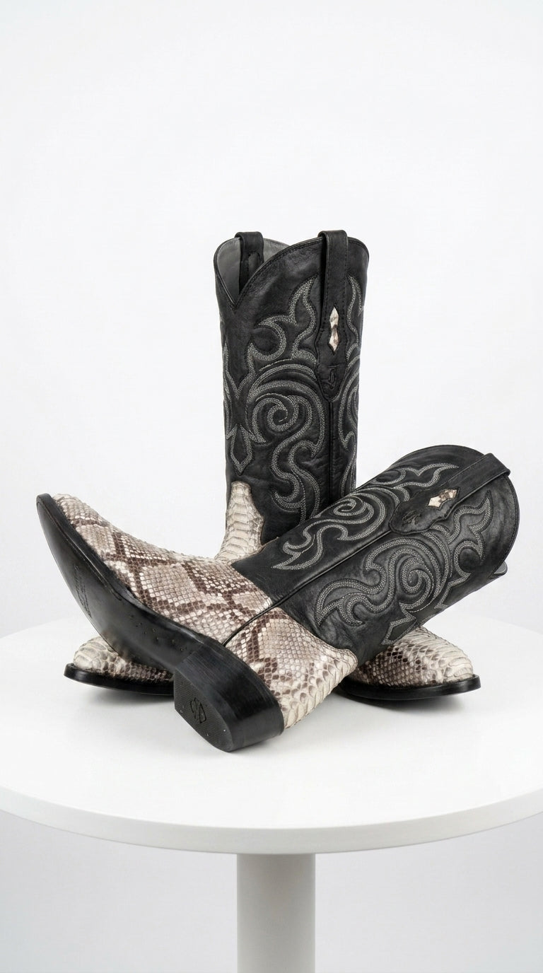 Men’s Los Altos Natural Python Snakeskin Round Toe Boots, Exotic Western Cowboy Dress Boots
