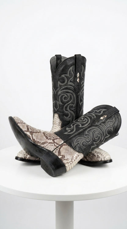 Men’s Los Altos Natural Python Snakeskin Round Toe Boots, Exotic Western Cowboy Dress Boots