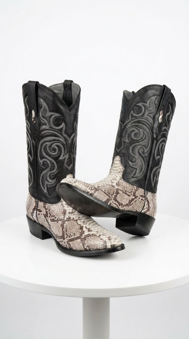 Men’s Los Altos Natural Python Snakeskin Round Toe Boots, Exotic Western Cowboy Dress Boots