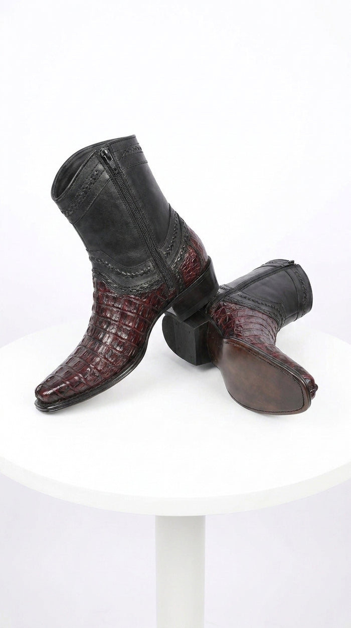 Men’s Los Altos Black Cherry Caiman Tail Low Shaft Boots, European Square Toe Dress Boots