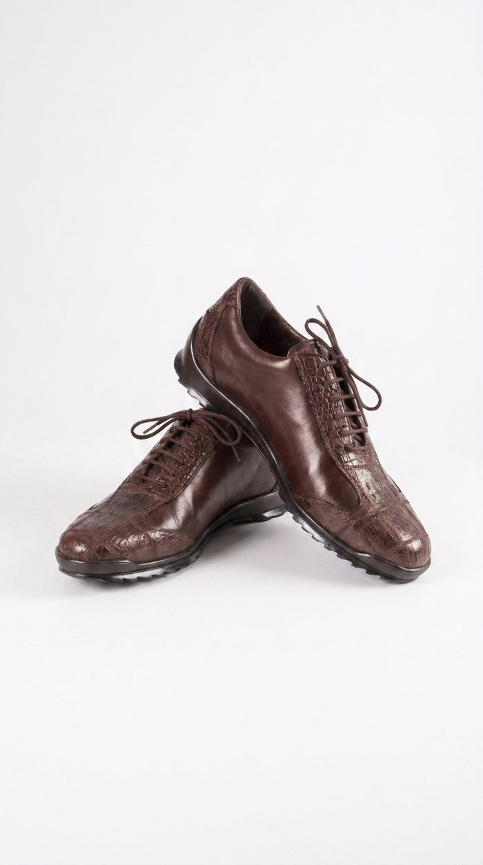 Men’s Los Altos Brown Caiman Crocodile Patchwork Casual Shoes, Exotic Leather Lace-Up Shoes