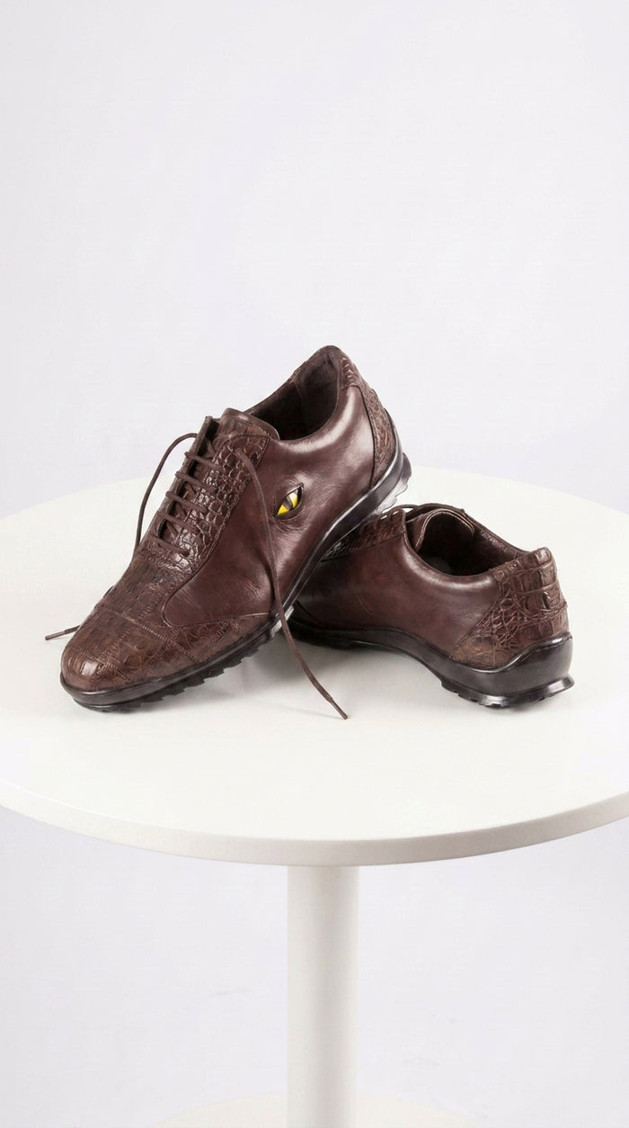 Men’s Los Altos Brown Caiman Crocodile Patchwork Casual Shoes, Exotic Leather Lace-Up Shoes