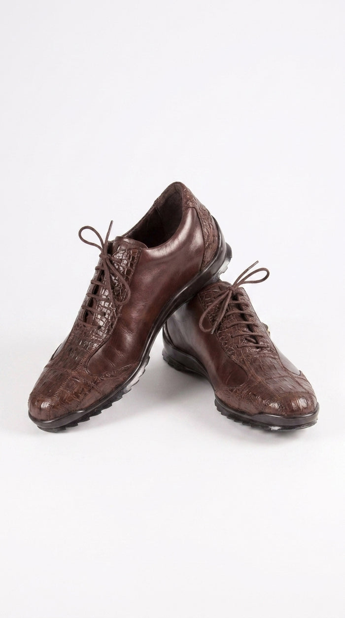 Men’s Los Altos Brown Caiman Crocodile Patchwork Casual Shoes, Exotic Leather Lace-Up Shoes