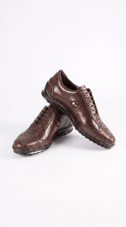 Men’s Los Altos Brown Caiman Crocodile Patchwork Casual Shoes, Exotic Leather Lace-Up Shoes