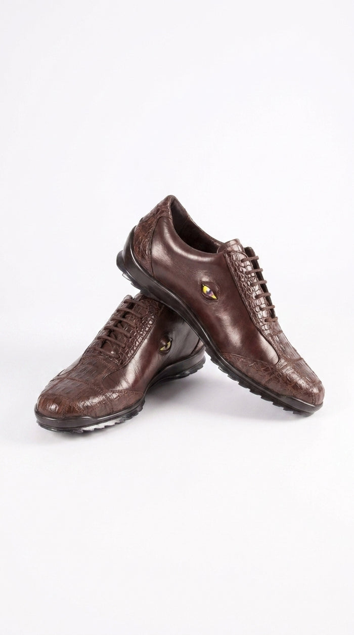 Men’s Los Altos Brown Caiman Crocodile Patchwork Casual Shoes, Exotic Leather Lace-Up Shoes