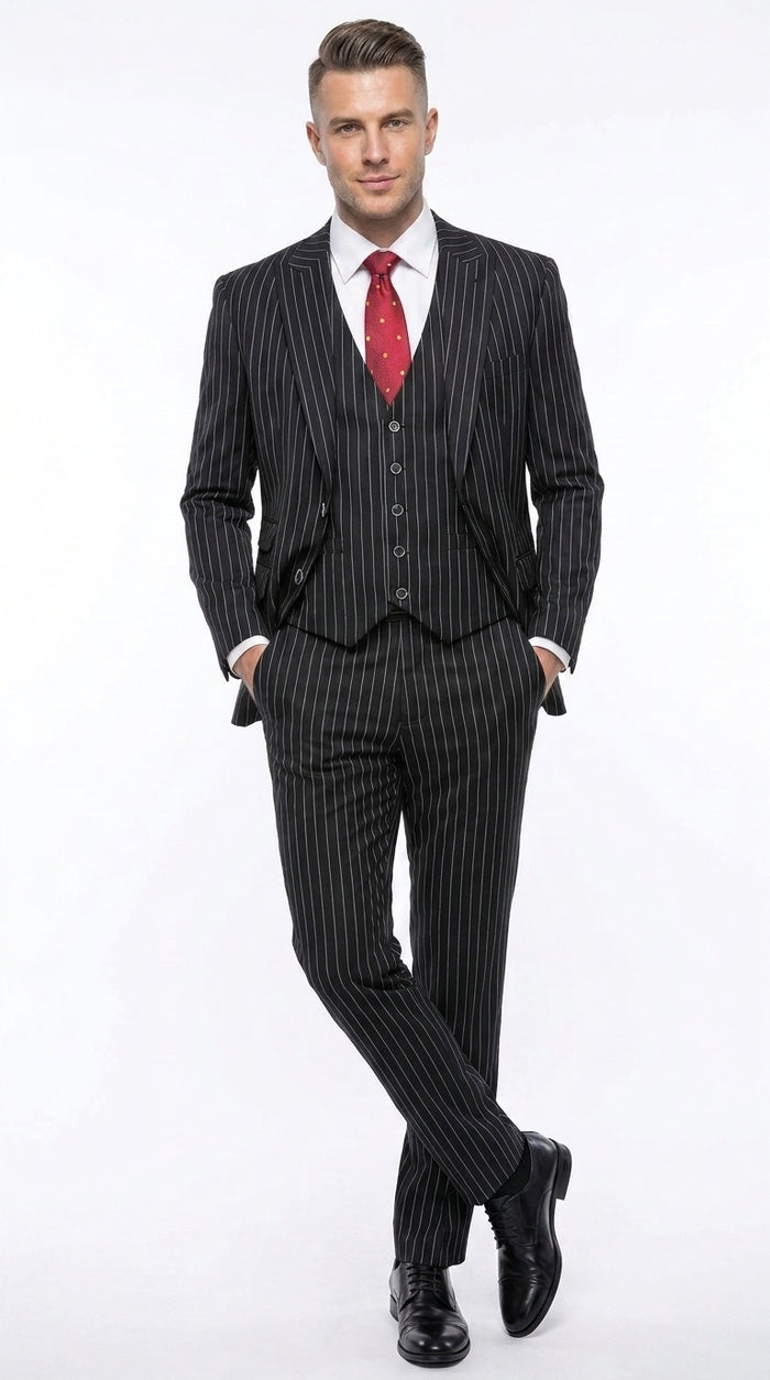 Men’s Black Bold Pinstripe 1920s Suit, Vintage 3 Piece Gangster Suit, Big and Tall Prom Outfit