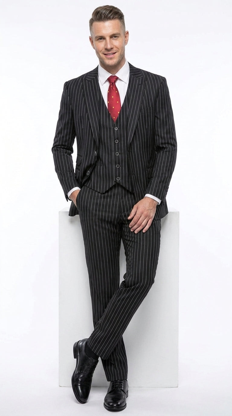 Men’s Black Bold Pinstripe 1920s Suit, Vintage 3 Piece Gangster Suit, Big and Tall Prom Outfit