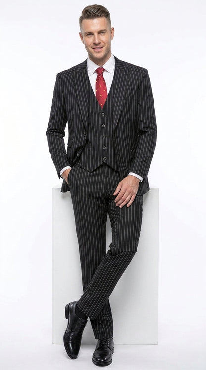 Men’s Black Bold Pinstripe 1920s Suit, Vintage 3 Piece Gangster Suit, Big and Tall Prom Outfit
