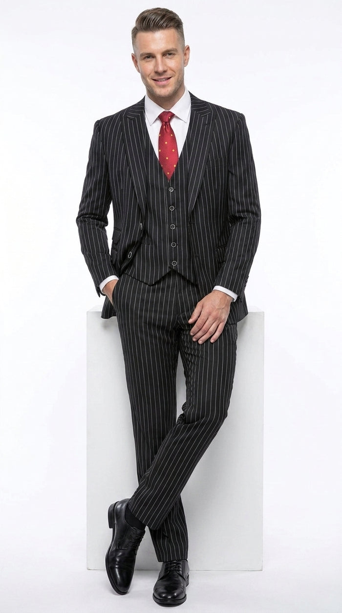 Men’s Black Bold Pinstripe 1920s Suit, Vintage 3 Piece Gangster Suit, Big and Tall Prom Outfit