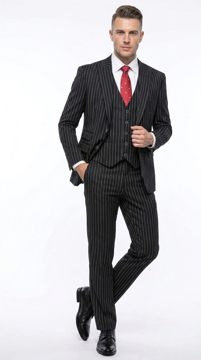 Men’s Black Bold Pinstripe 1920s Suit, Vintage 3 Piece Gangster Suit, Big and Tall Prom Outfit