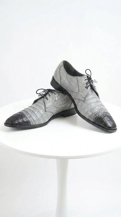 Men’s Los Altos Gray Two Tone Genuine Caiman Belly Lace-Up Oxford Shoes, Exotic Dress Shoes
