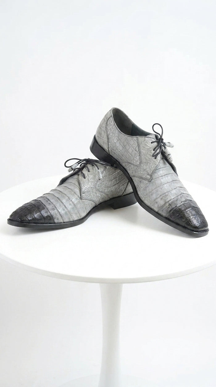 Men’s Los Altos Gray Two Tone Genuine Caiman Belly Lace-Up Oxford Shoes, Exotic Dress Shoes