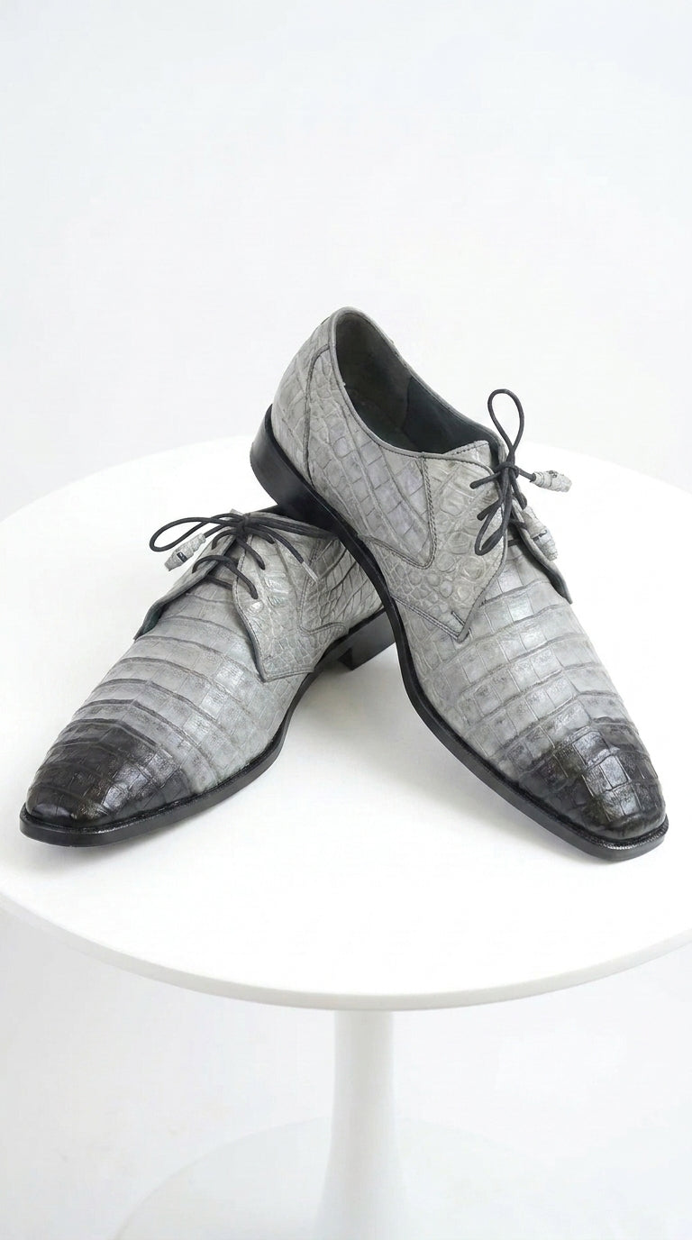 Men’s Los Altos Gray Two Tone Genuine Caiman Belly Lace-Up Oxford Shoes, Exotic Dress Shoes