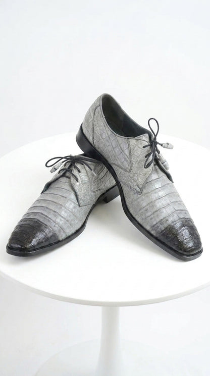 Men’s Los Altos Gray Two Tone Genuine Caiman Belly Lace-Up Oxford Shoes, Exotic Dress Shoes
