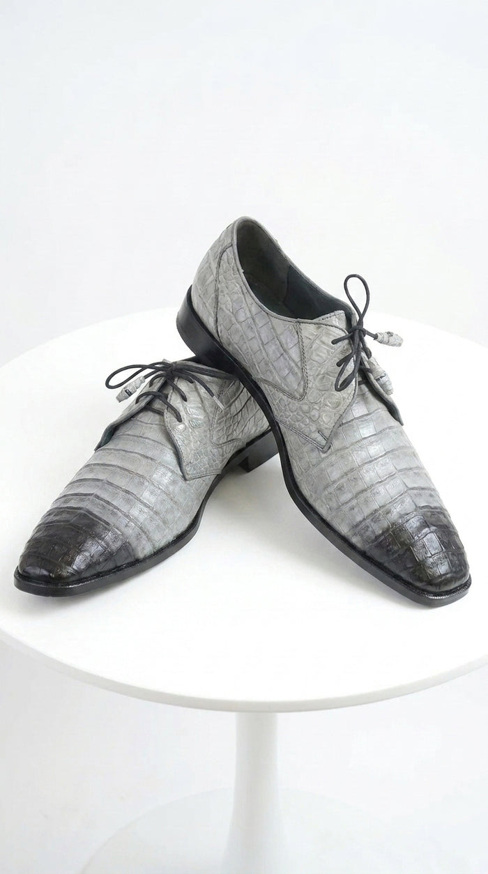 Men’s Los Altos Gray Two Tone Genuine Caiman Belly Lace-Up Oxford Shoes, Exotic Dress Shoes