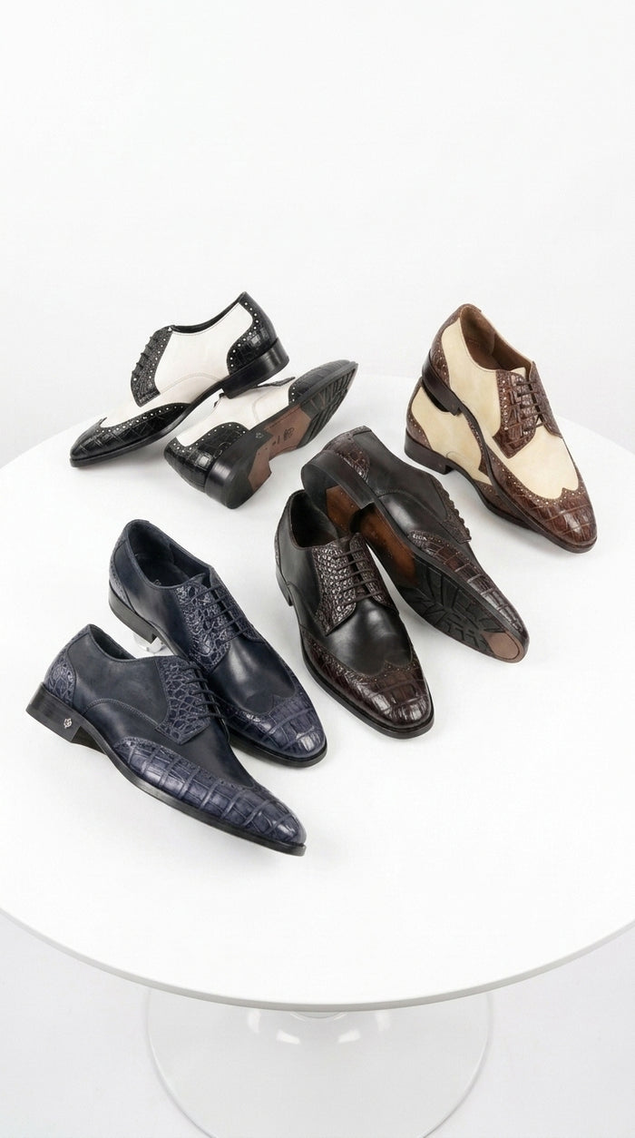 Lombardy Men’s Caiman Belly and Calfskin Wingtip Shoes, Exotic Lace-Up Dress Shoes