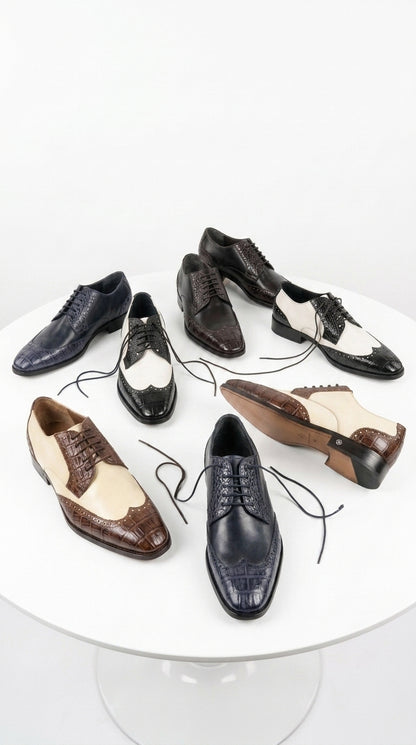 Lombardy Men’s Caiman Belly and Calfskin Wingtip Shoes, Exotic Lace-Up Dress Shoes