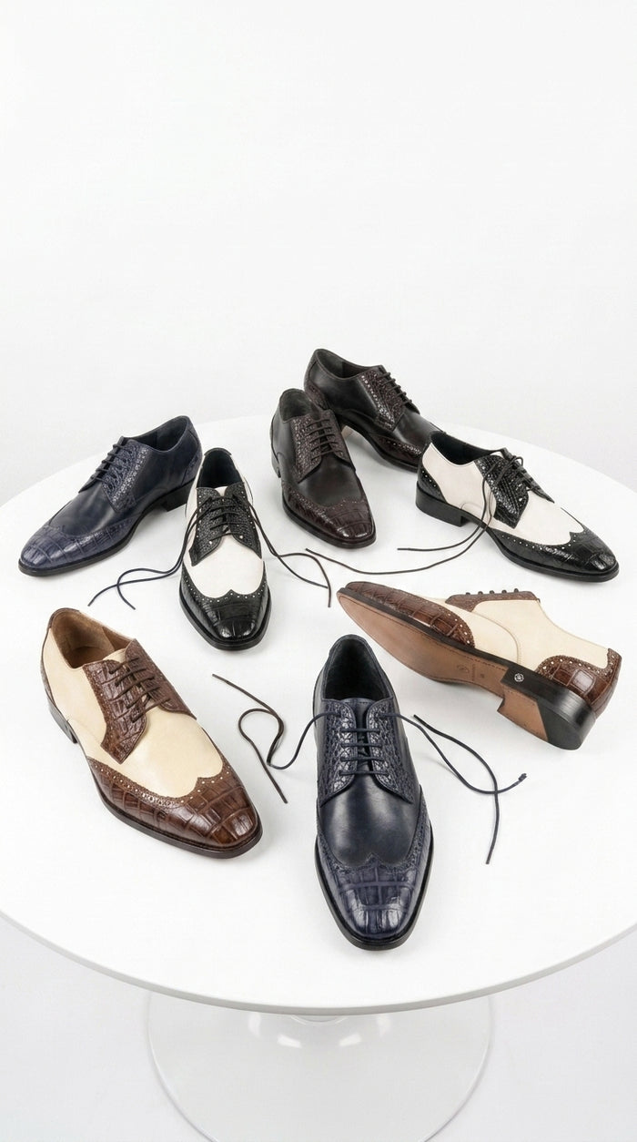 Lombardy Men’s Caiman Belly and Calfskin Wingtip Shoes, Exotic Lace-Up Dress Shoes
