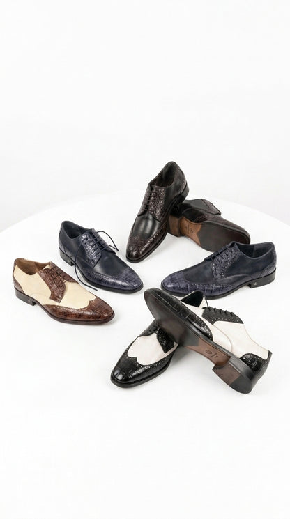 Lombardy Men’s Caiman Belly and Calfskin Wingtip Shoes, Exotic Lace-Up Dress Shoes