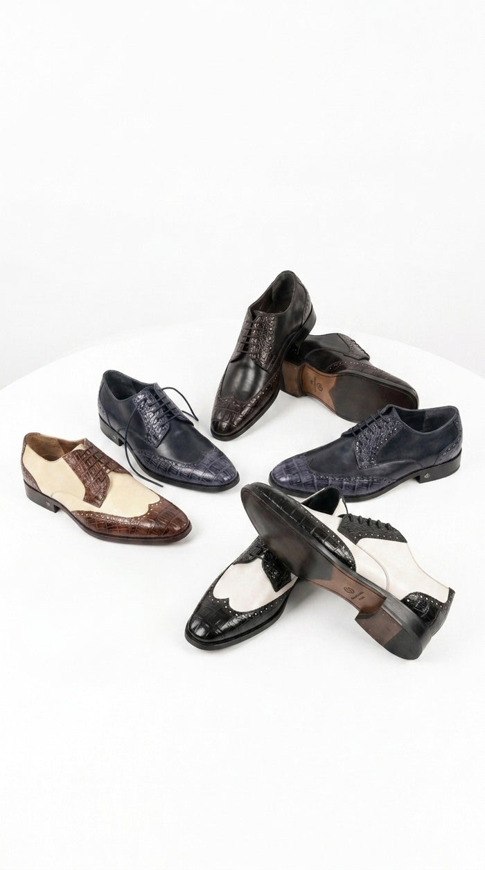 Lombardy Men’s Caiman Belly and Calfskin Wingtip Shoes, Exotic Lace-Up Dress Shoes