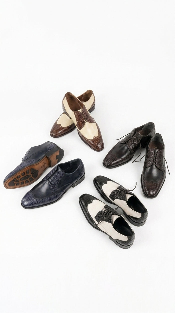Lombardy Men’s Caiman Belly and Calfskin Wingtip Shoes, Exotic Lace-Up Dress Shoes