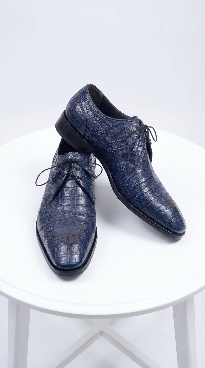 Men’s Los Altos Navy Blue Crocodile Italian Toe Shoes, Exotic Lace-Up Dress Shoes