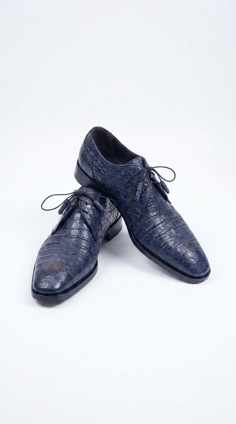 Men’s Los Altos Navy Blue Crocodile Italian Toe Shoes, Exotic Lace-Up Dress Shoes