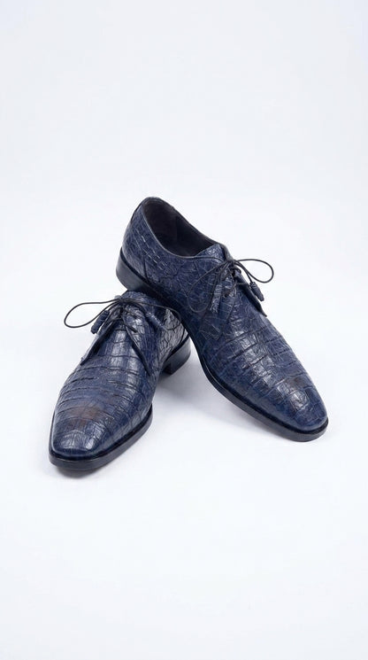 Men’s Los Altos Navy Blue Crocodile Italian Toe Shoes, Exotic Lace-Up Dress Shoes