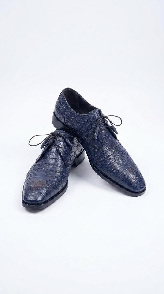 Men’s Los Altos Navy Blue Crocodile Italian Toe Shoes, Exotic Lace-Up Dress Shoes