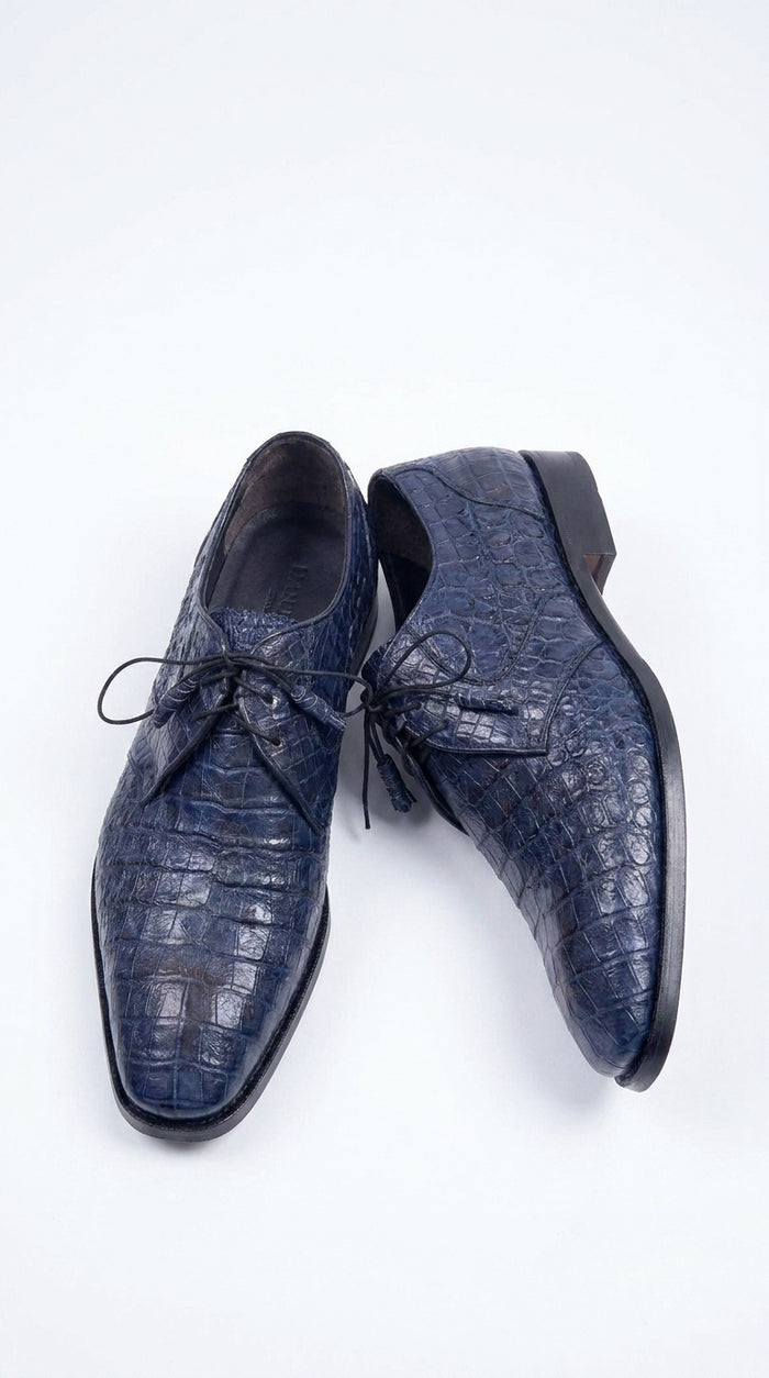 Men’s Los Altos Navy Blue Crocodile Italian Toe Shoes, Exotic Lace-Up Dress Shoes