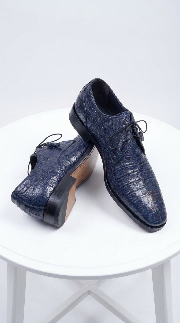 Men’s Los Altos Navy Blue Crocodile Italian Toe Shoes, Exotic Lace-Up Dress Shoes