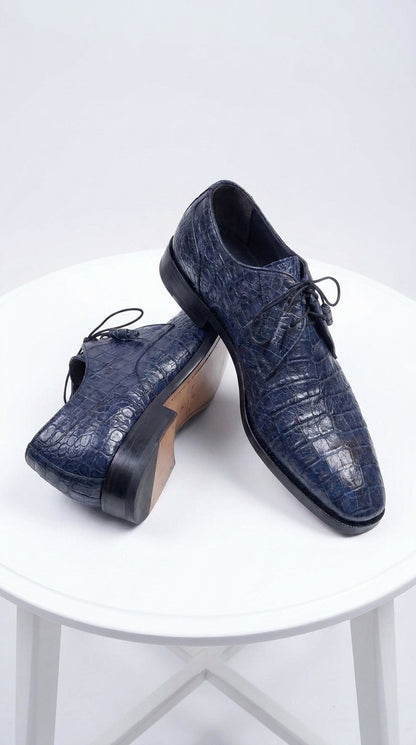 Men’s Los Altos Navy Blue Crocodile Italian Toe Shoes, Exotic Lace-Up Dress Shoes