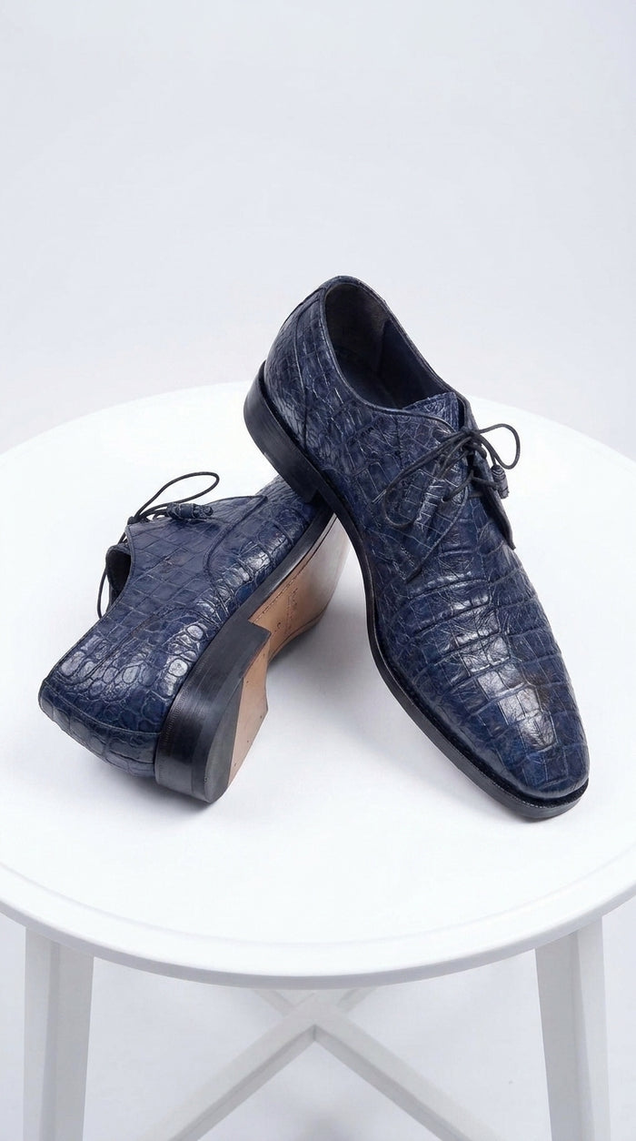 Men’s Los Altos Navy Blue Crocodile Italian Toe Shoes, Exotic Lace-Up Dress Shoes