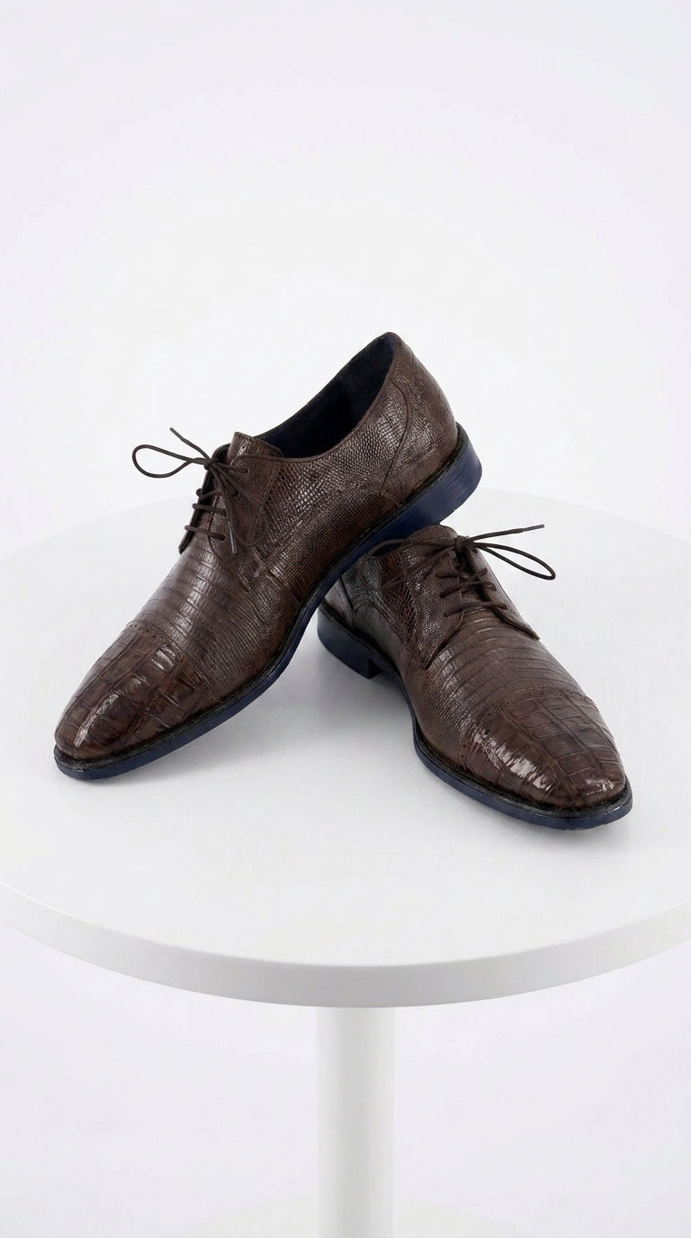 Men’s Los Altos Brown Lizard Crocodile Cap Toe Shoes, Exotic Lace-Up Dress Shoes