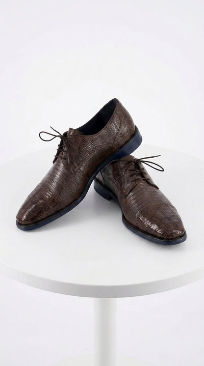Men’s Los Altos Brown Lizard Crocodile Cap Toe Shoes, Exotic Lace-Up Dress Shoes