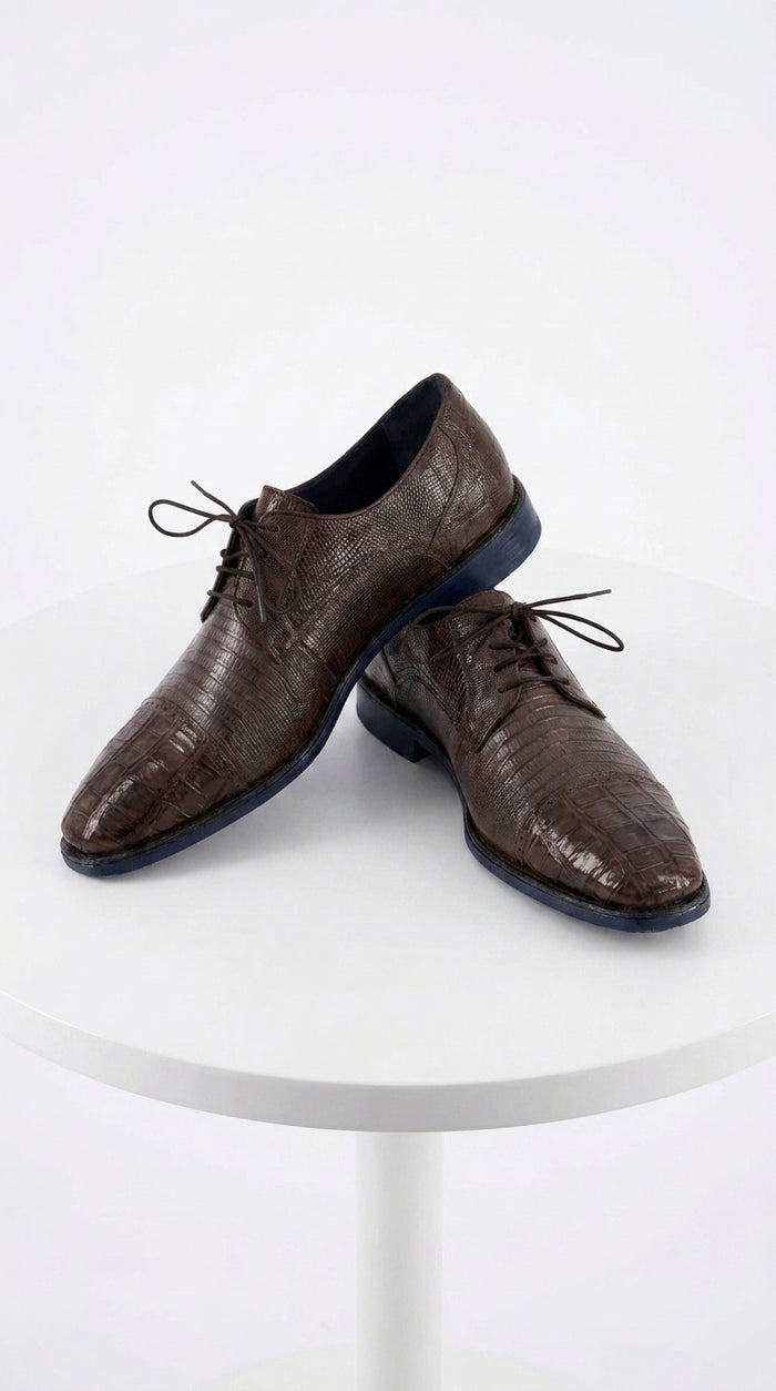 Men’s Los Altos Brown Lizard Crocodile Cap Toe Shoes, Exotic Lace-Up Dress Shoes