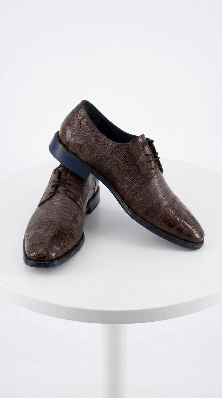 Men’s Los Altos Brown Lizard Crocodile Cap Toe Shoes, Exotic Lace-Up Dress Shoes