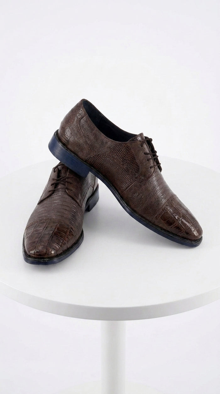 Men’s Los Altos Brown Lizard Crocodile Cap Toe Shoes, Exotic Lace-Up Dress Shoes