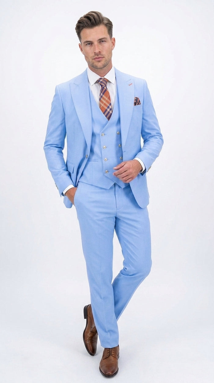 Statement Men’s Light Blue 3 Piece 100% Wool Fashion Suit, Bold Color Formal Wedding Suit