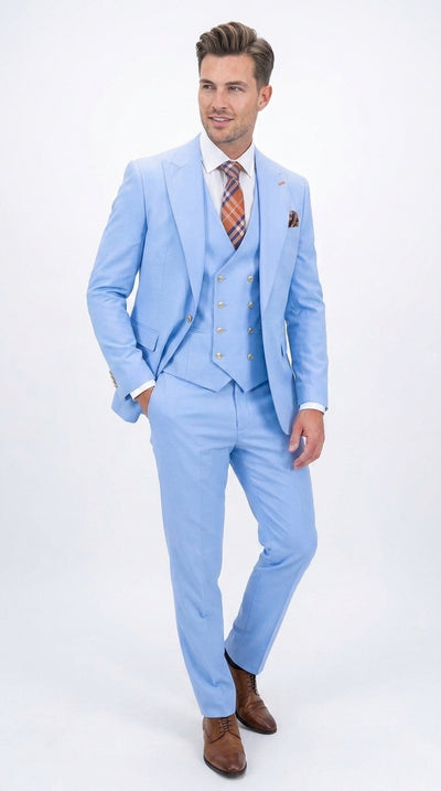 Statement Men’s Light Blue 3 Piece 100% Wool Fashion Suit, Bold Color Formal Wedding Suit
