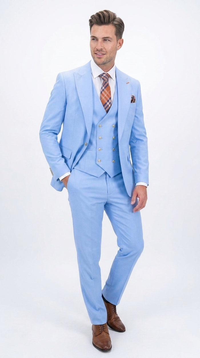 Statement Men’s Light Blue 3 Piece 100% Wool Fashion Suit, Bold Color Formal Wedding Suit