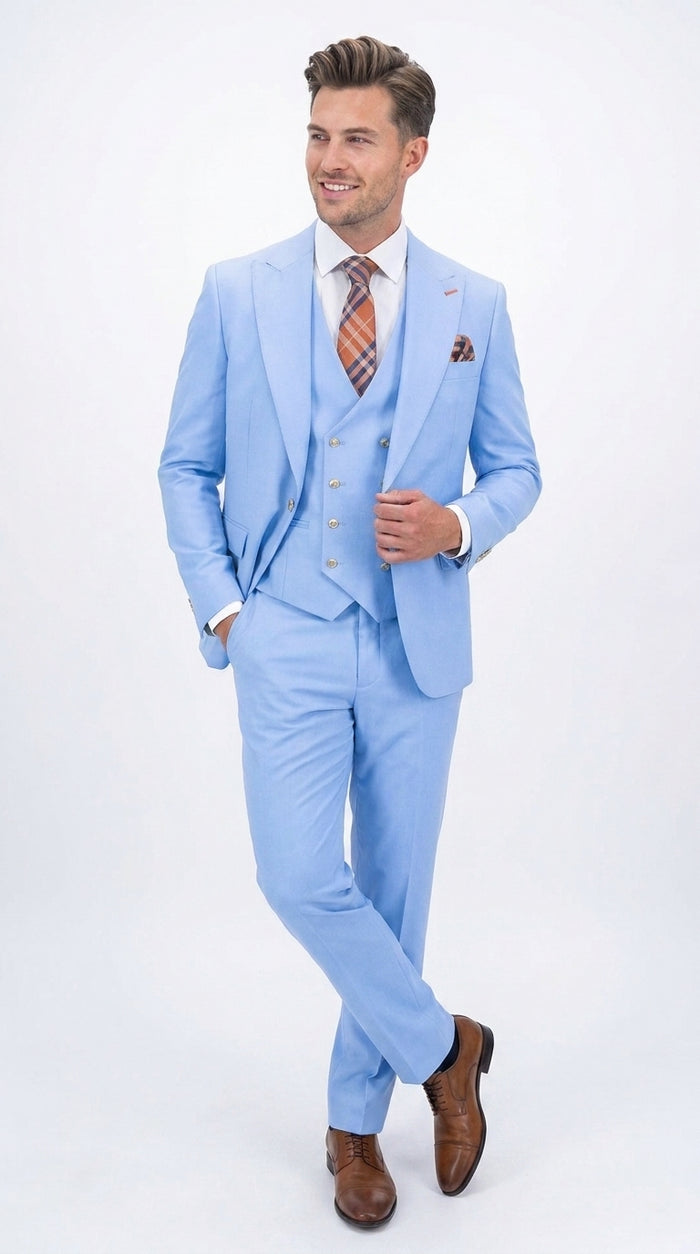 Statement Men’s Light Blue 3 Piece 100% Wool Fashion Suit, Bold Color Formal Wedding Suit