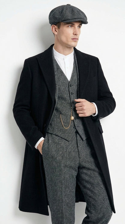 Men’s Grey Peaky Blinders 3 Piece Suit with Black Overcoat and Hat, Thomas Shelby Inspired Costume