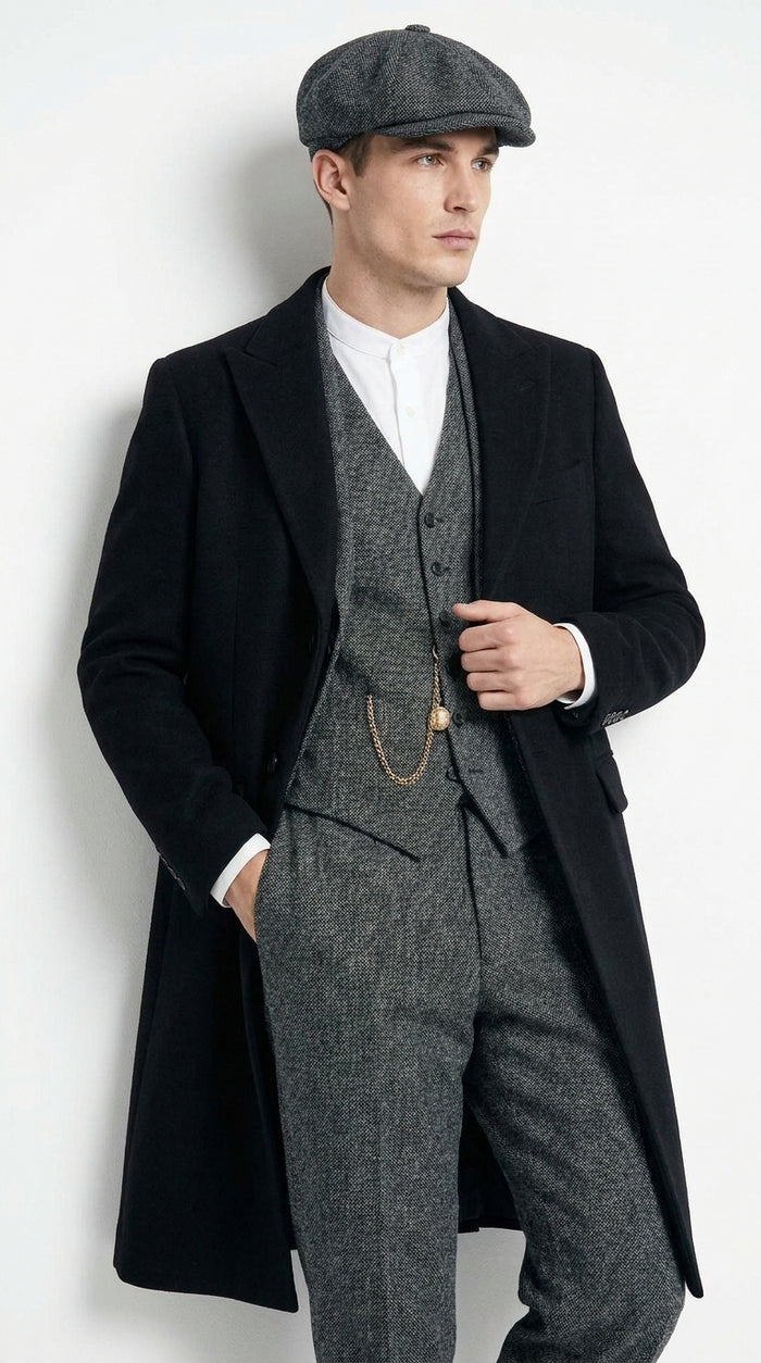 Men’s Grey Peaky Blinders 3 Piece Suit with Black Overcoat and Hat, Thomas Shelby Inspired Costume