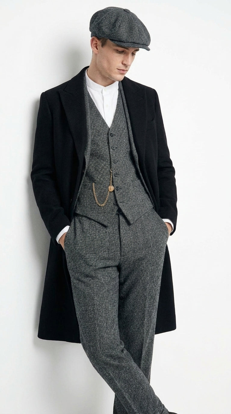 Men’s Grey Peaky Blinders 3 Piece Suit with Black Overcoat and Hat, Thomas Shelby Inspired Costume