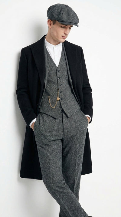Men’s Grey Peaky Blinders 3 Piece Suit with Black Overcoat and Hat, Thomas Shelby Inspired Costume