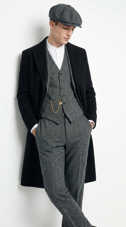 Men’s Grey Peaky Blinders 3 Piece Suit with Black Overcoat and Hat, Thomas Shelby Inspired Costume