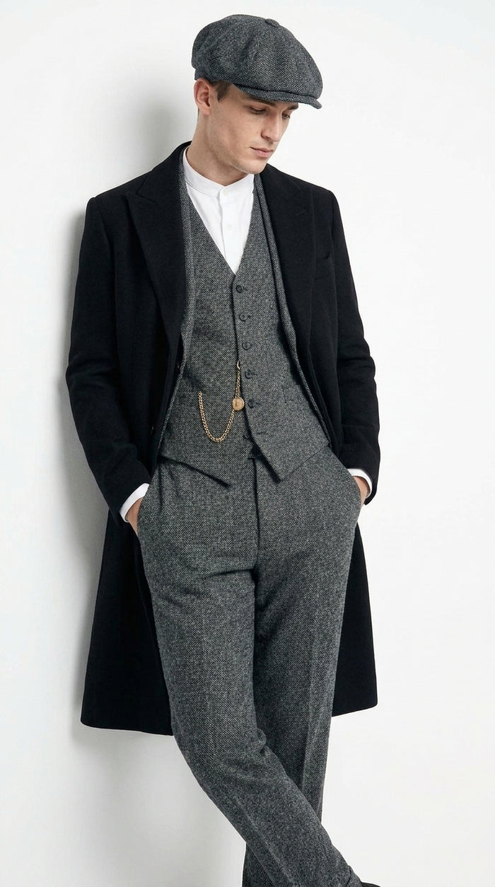 Men’s Grey Peaky Blinders 3 Piece Suit with Black Overcoat and Hat, Thomas Shelby Inspired Costume
