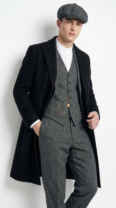 Men’s Grey Peaky Blinders 3 Piece Suit with Black Overcoat and Hat, Thomas Shelby Inspired Costume