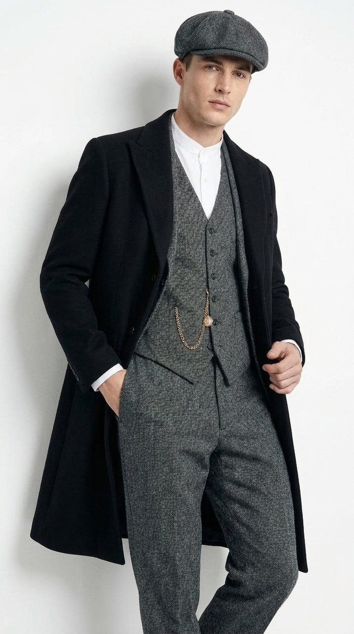 Men’s Grey Peaky Blinders 3 Piece Suit with Black Overcoat and Hat, Thomas Shelby Inspired Costume